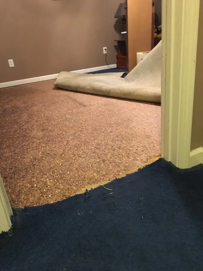 Carpet pad removal revealing water damage during Water Mitigation Services in Fort Smith